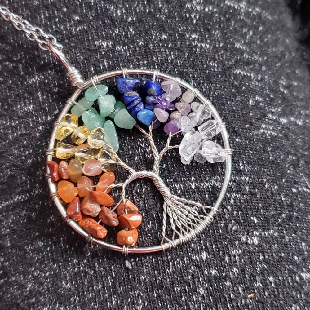 NEW! Tree Of Life Chakra Colorful Stone Chip Necklace